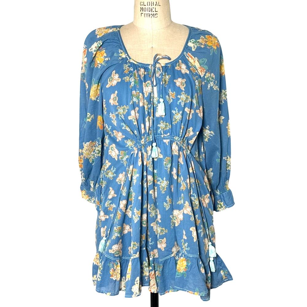 Free People Camella Mini Dress in River Blue Floral Print Size Medium Romantic